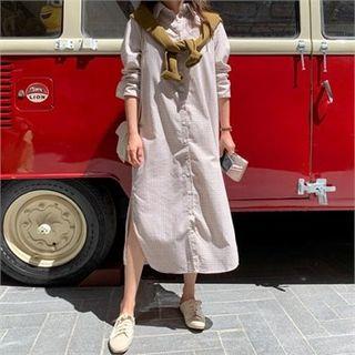 Slit-side Plaid Long Shirtdress