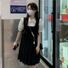 Short-sleeve Plain Blouse / Pleated A-line Overall Dress