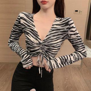 Long-sleeve Drawstring Zebra Print Top