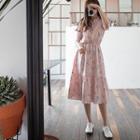 Gathered-waist Floral A-line Midi Dress