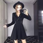 Long-sleeved Tie-waist A-line V-neck Plain Dress