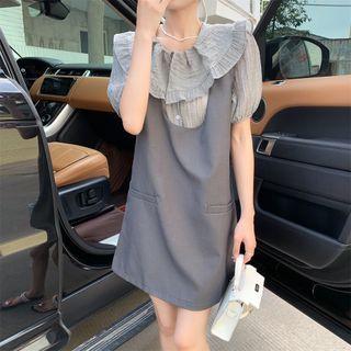 Puff-sleeve Wide Collar Blouse / Mini Overall Dress