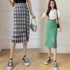 Plaid Slit Midi Pencil Skirt