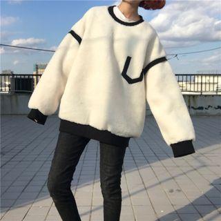 Color-block Fleece Top Beige - One Size