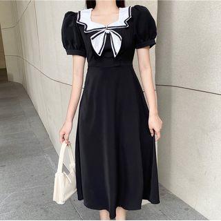 Contrast Collar Bow Puff-sleeve Midi A-line Dress