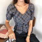 Puff-sleeve Self-tie Plaid Blouse