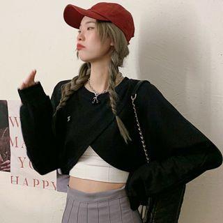 Long-sleeve Asymmetrical Hem Cropped Sweatshirt / Plain Camisole Top