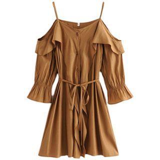 Ruffle Trim Cold-shoulder Mini A-line Dress