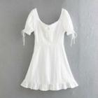 Short-sleeve Tie-neck Embroidered Mini A-line Dress