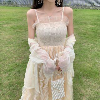 Spaghetti Strap Ruffled Mesh Midi A-line Dress