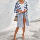 Striped Elbow-sleeve Long Cardigan
