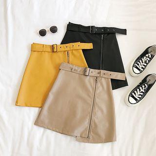 Asymmetric Faux-leather Zip Mini Skirt With Belt