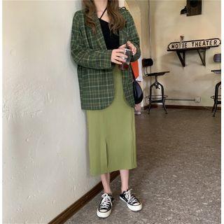 Plaid Blazer / Plain A-line Split Skirt