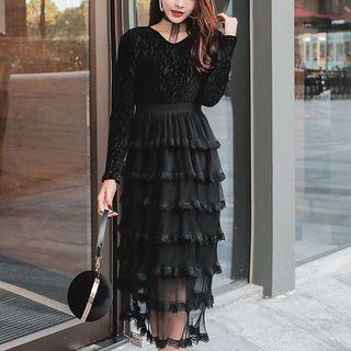 Long-sleeve Midi Tiered A-line Dress