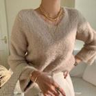 V-neck Furry Sweater Beige - One Size