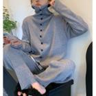 Long-sleeve Turtleneck Button-up Knit Top / Plain Knit Pants (various Designs)