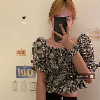 Puff-sleeve Checked Crop Top As Shown In Figure - One Size