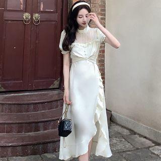 Puff-sleeve Stand-collar Ruffle Trim Lace Panel Mini Dress / Midi Dress