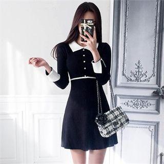 Contrast-collar Faux-pearl Knit A-line Shirtdress
