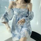 Long-sleeve Cold Shoulder Tie Dye Mini Dress