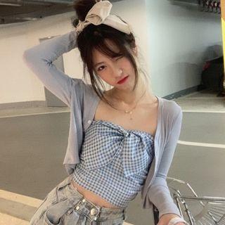 Plaid Bow Tube Top / Cropped Cardigan