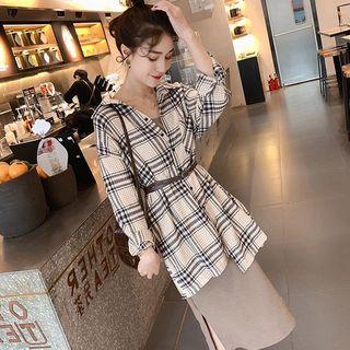 Set: Plaid Shirt + Side Slit Sleeveless Dress