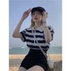 Puff-sleeve Collar Striped T-shirt Stripe - One Size
