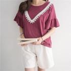 Short-sleeve Frill-cuff Lace-trim T-shirt
