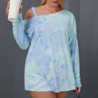 Plus Size Long-sleeve Cold Shoulder Tie-dye T-shirt