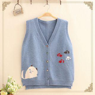 V-neck Cat Jacquard Buttoned Knit Vest