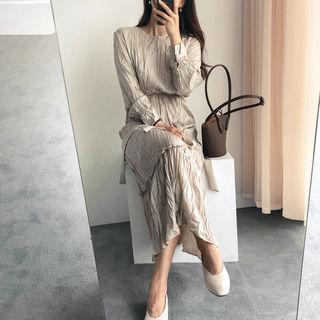 Round-neck Textured Midi Dress With Sash