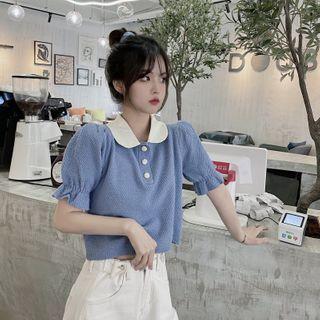 Puff-sleeve Polo-neck Knit Top