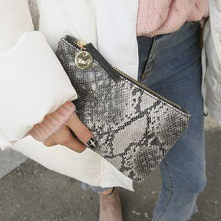 Disc-accent Zipped Python Clutch