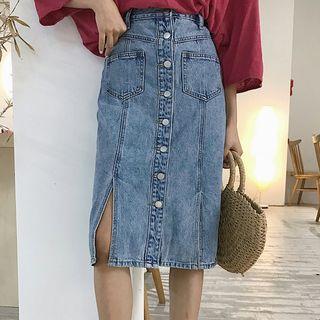 Buttoned Slit Washed Denim Skirt