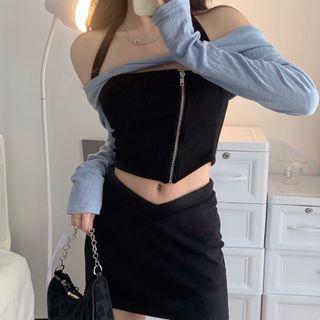 Long-sleeve Shrug / Halter Neck Camisole Top / Mini Pencil Skirt
