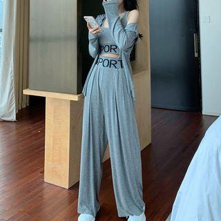Open Front Light Jacket / Lettering Cropped Tank Top / Wide-leg Pants
