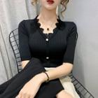 Short-sleeve Lace Trim V-neck Knit Top