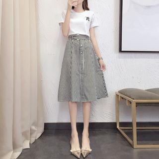 Set: Embroidered Short Sleeve T-shirt + Striped Midi Skirt