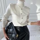 Turtleneck Knit Top / Faux Leather Midi Pencil Skirt