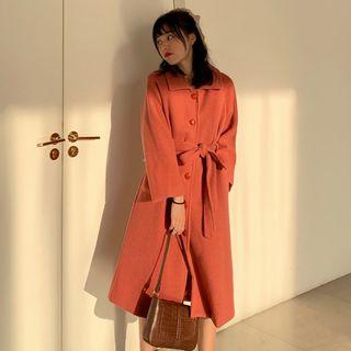 Padded Tie-waist Coat Watermelon Red - One Size