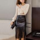 Bell-sleeve Knit Top/faux-leather Fringed-hem Skirt