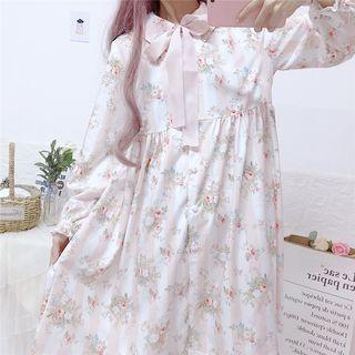 Bow Floral Long-sleeve A-line Dress As Shown In Figure - One Size