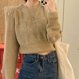Padded-shoulder Cropped Sweater Almond - One Size