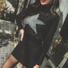 Turtle-neck Glitter-star Mini Sweater Dress