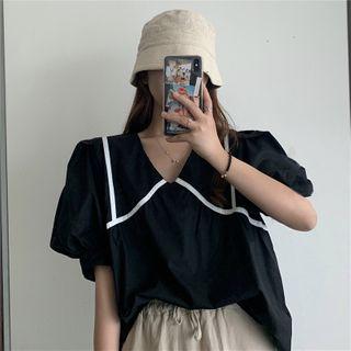 Puff-sleeve Contrast Trim V-neck Blouse