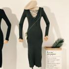 Long-sleeve Lace-up Midi Knit Dress