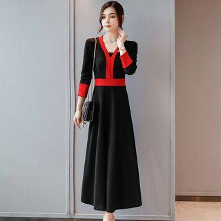 Long-sleeve Contrast-trim Midi A-line Dress