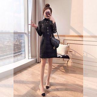 Set: Lace Long-sleeve Top + Tweed Spaghetti Strap Dress