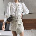 Embroidered Layered Blouse / Tweed Mini A-line Skirt