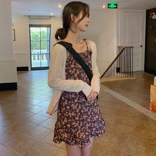 Set: Floral Mini Dress + Contrast Trim Cardigan